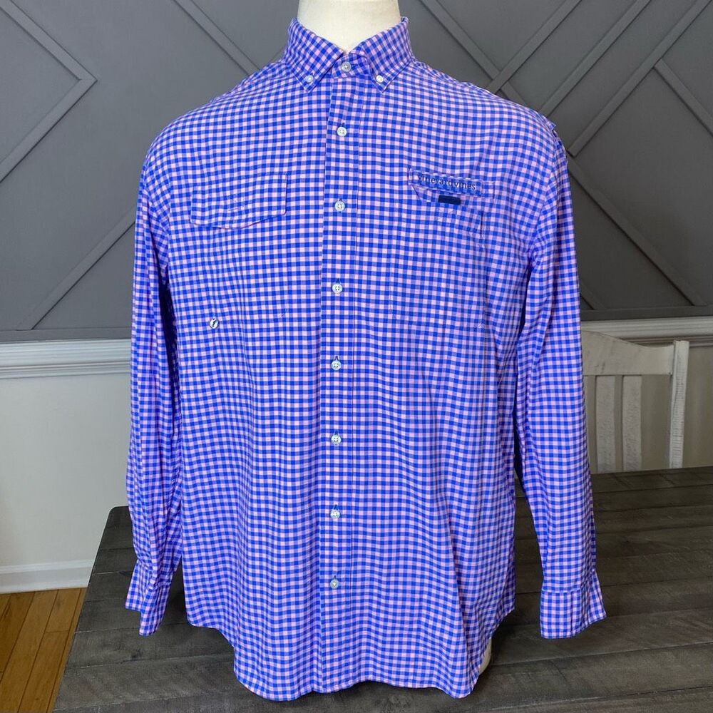 Vineyard Vines Harbor Shirt Blue Pink‎ Check Vented Button Front Men's XL